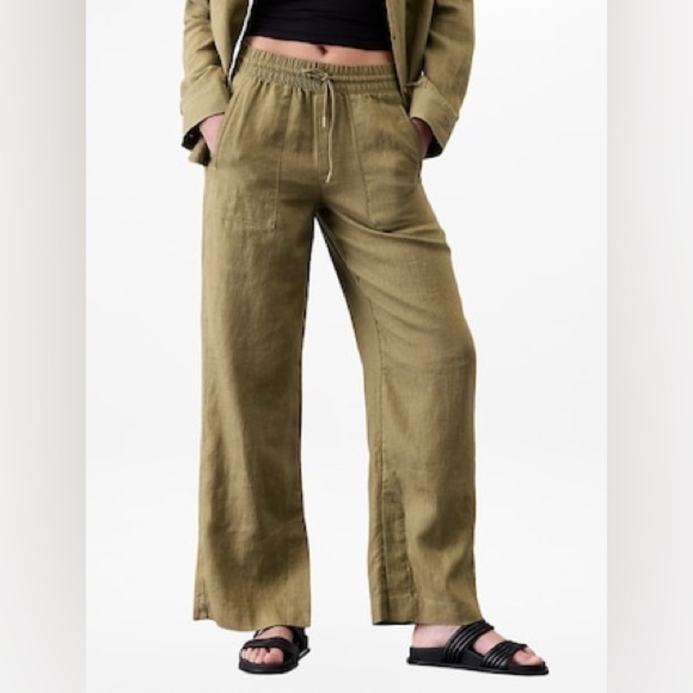 NWT Athleta Retreat Linen Olive Green Wide Leg Drawstring Pants Sz XXS